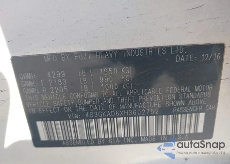 2017 Subaru Impreza 2.0I Premium from USA, damaged, VIN 4S3GKAD6XH3602752